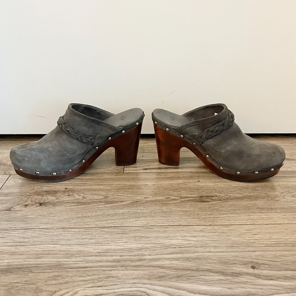 UGG Australia Dark Gray Fleece Kaylee Wooden Platform Clogs Size 9 - Picture 4 of 10
